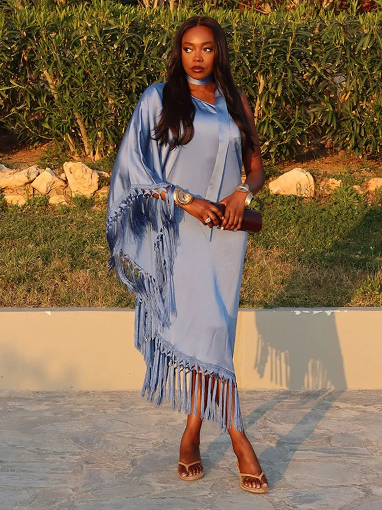 Elegant Asymmetrical Blue Satin Tassel Dress