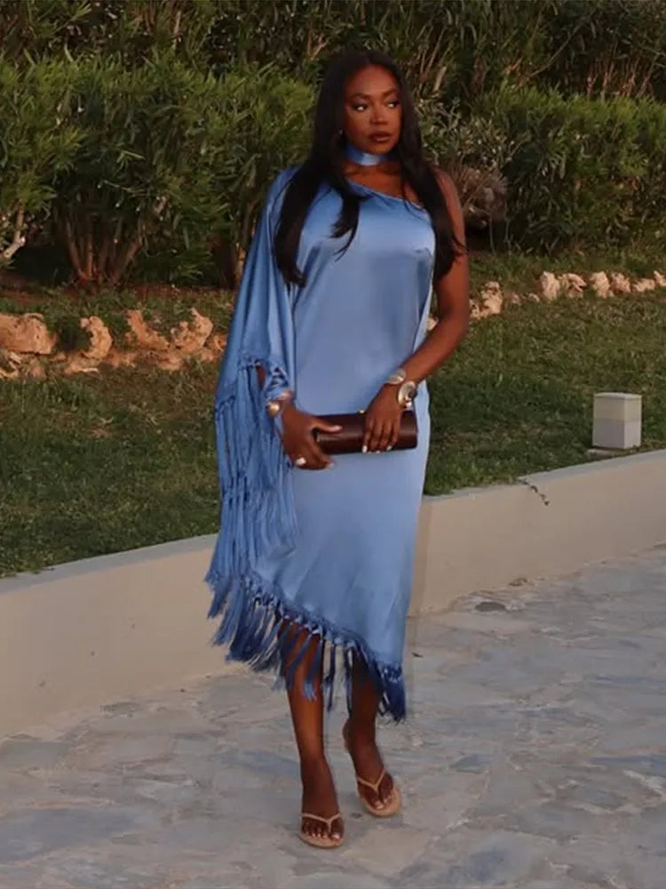 Elegant Asymmetrical Blue Satin Tassel Dress
