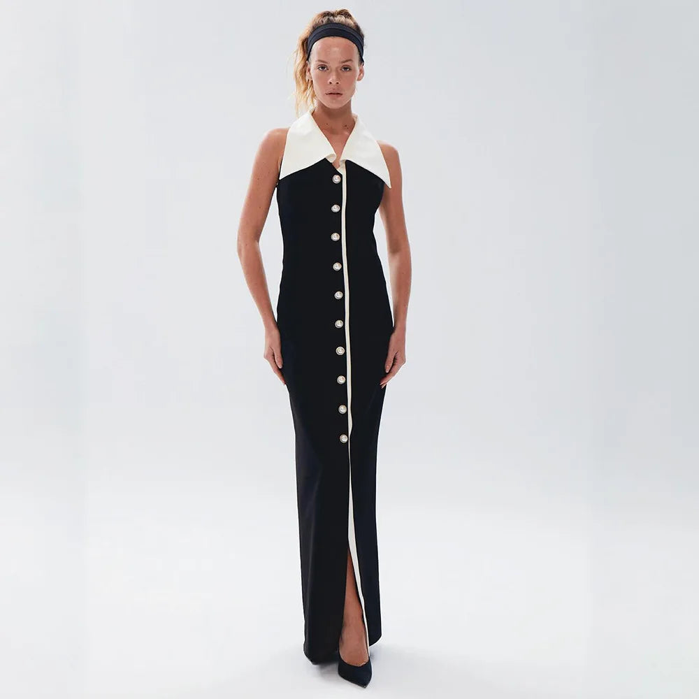 Black Buttoned Contrast Collar Sleeveless Maxi Dress - Simple Straight