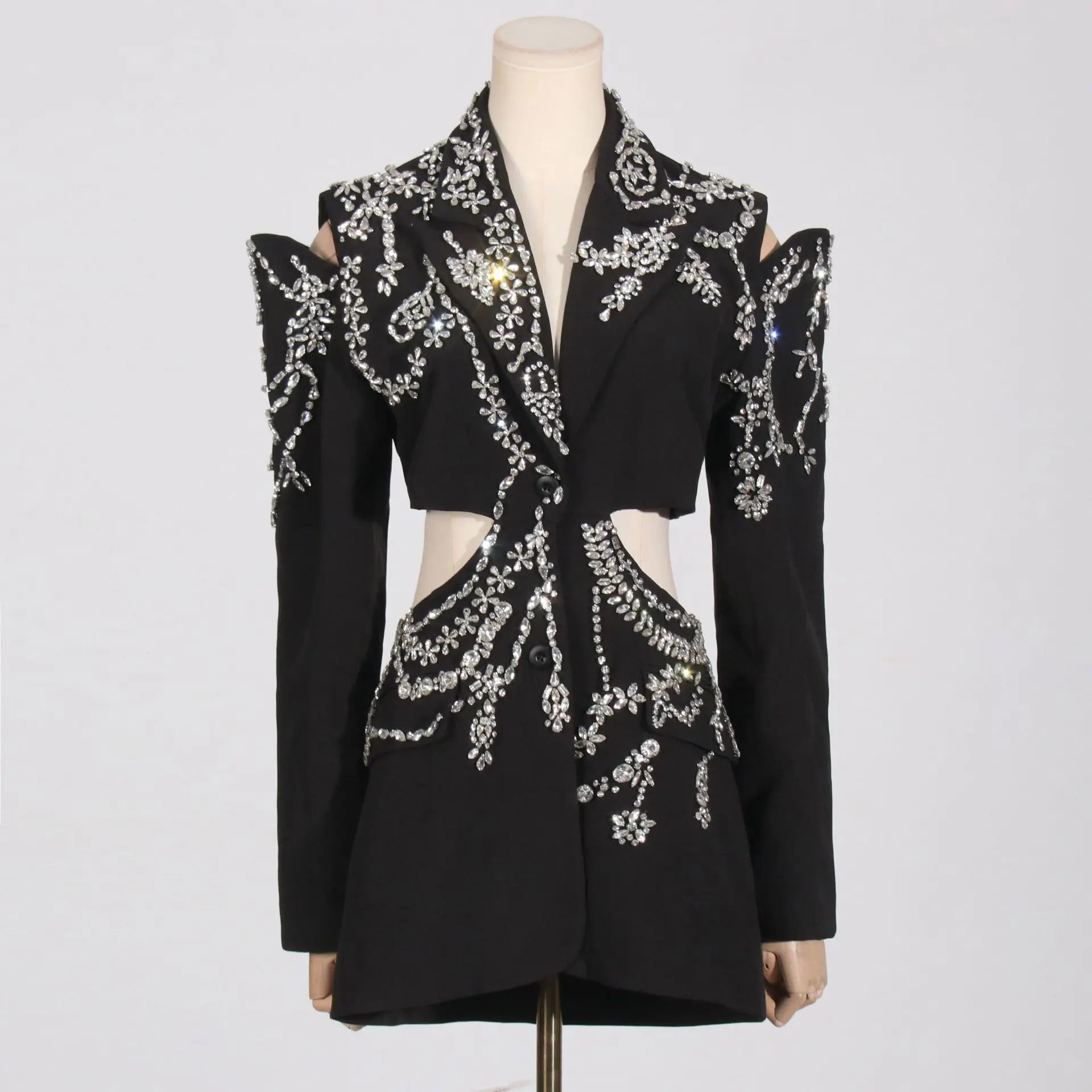 Black Beaded Rhinestone Cut Out Blazer - Single Button & Pockets