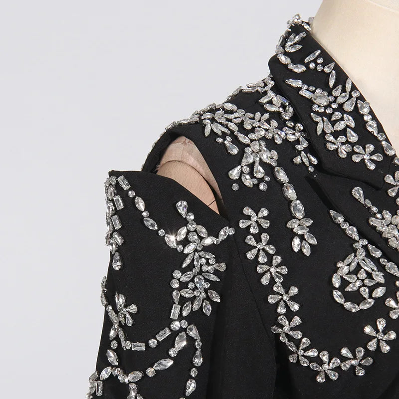 Black Beaded Rhinestone Cut Out Blazer - Single Button & Pockets