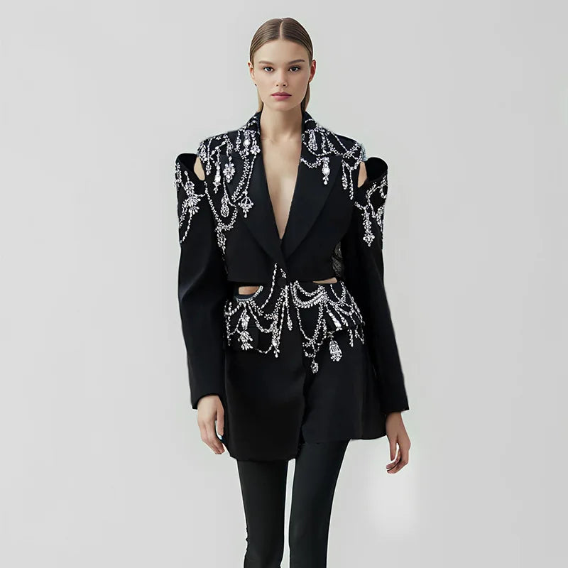 Black Beaded Rhinestone Cut Out Blazer - Single Button & Pockets