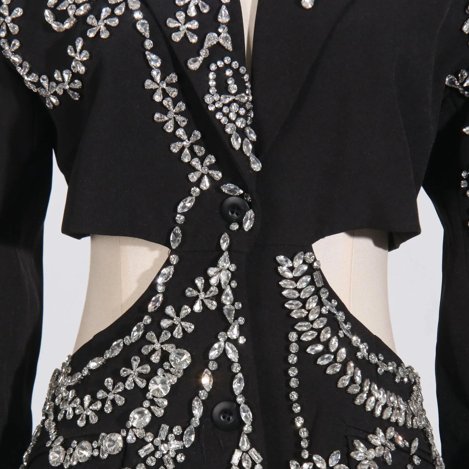 Black Beaded Rhinestone Cut Out Blazer - Single Button & Pockets