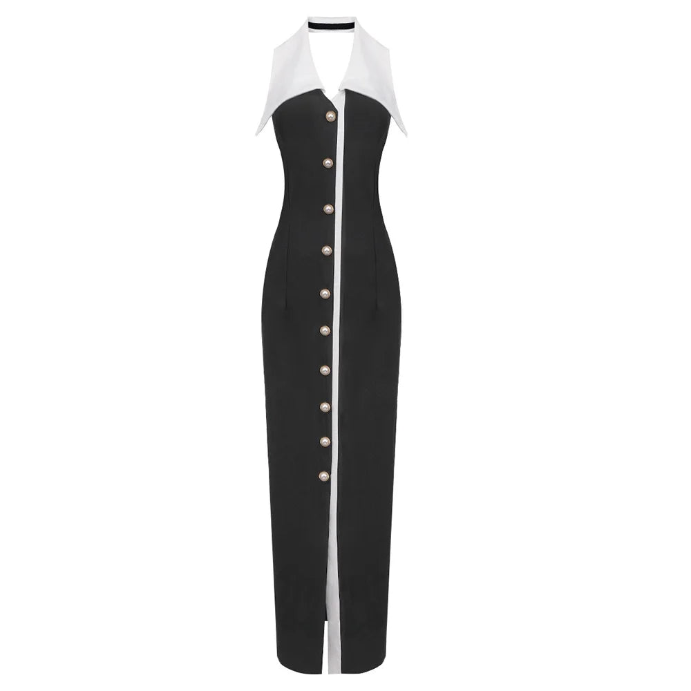 Black Buttoned Contrast Collar Sleeveless Maxi Dress - Simple Straight