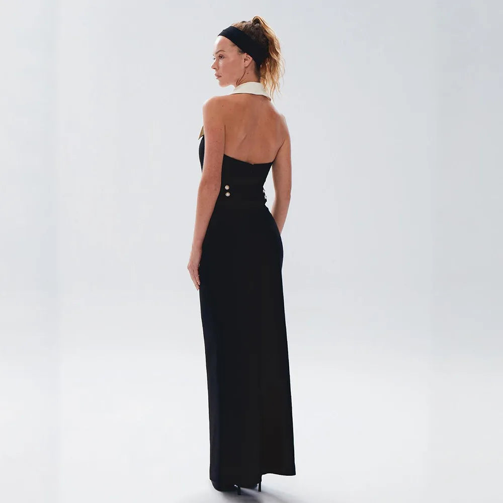 Black Buttoned Contrast Collar Sleeveless Maxi Dress - Simple Straight