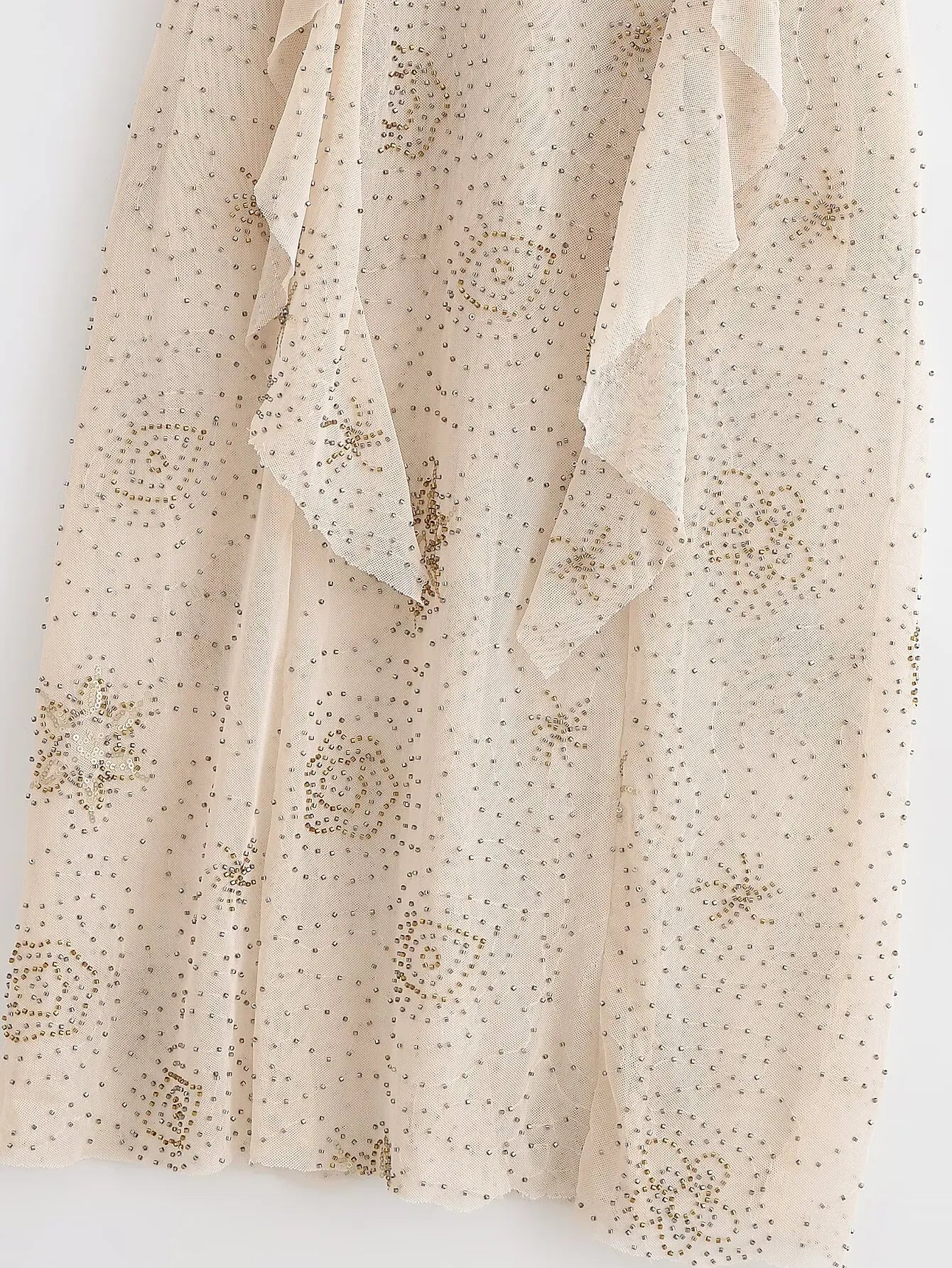 Beige Frilled Sequin Midi Dress