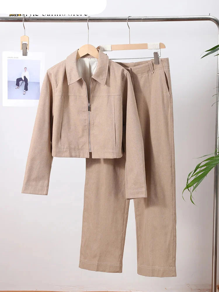 Beige Zipper Jacket & Pants Set - Casual Straight Fit