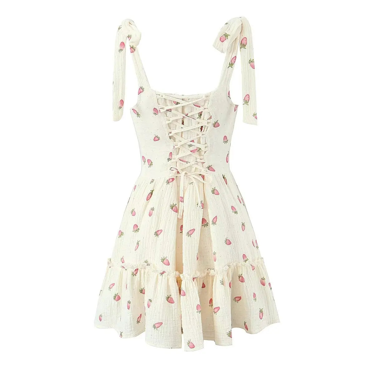 Beige Strawberry Strap Lace Up Mini Dress