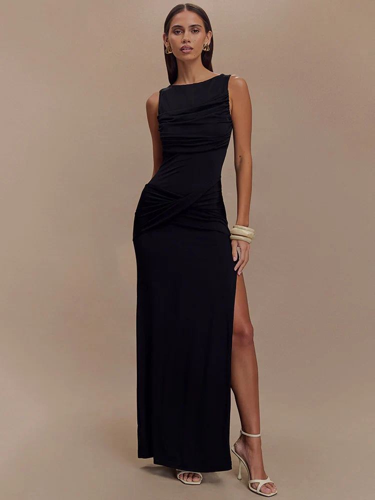 Backless Ruched O-Neck Thigh High Split Dress