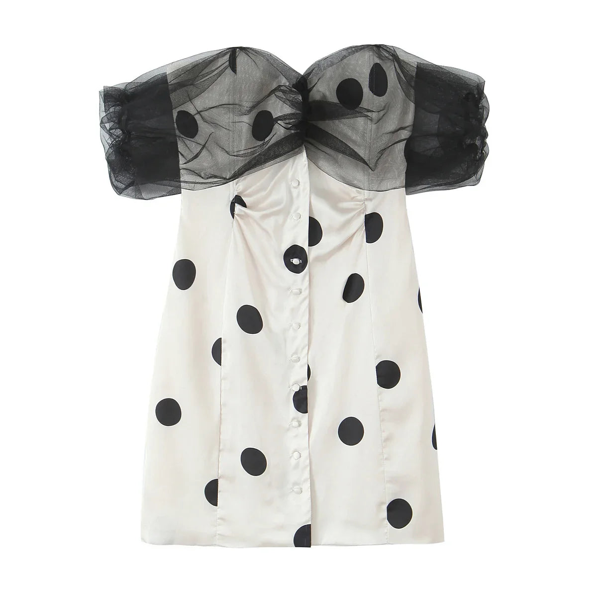 Beige Polka Dot Print Spliced Mesh Shoulder Mini Dress