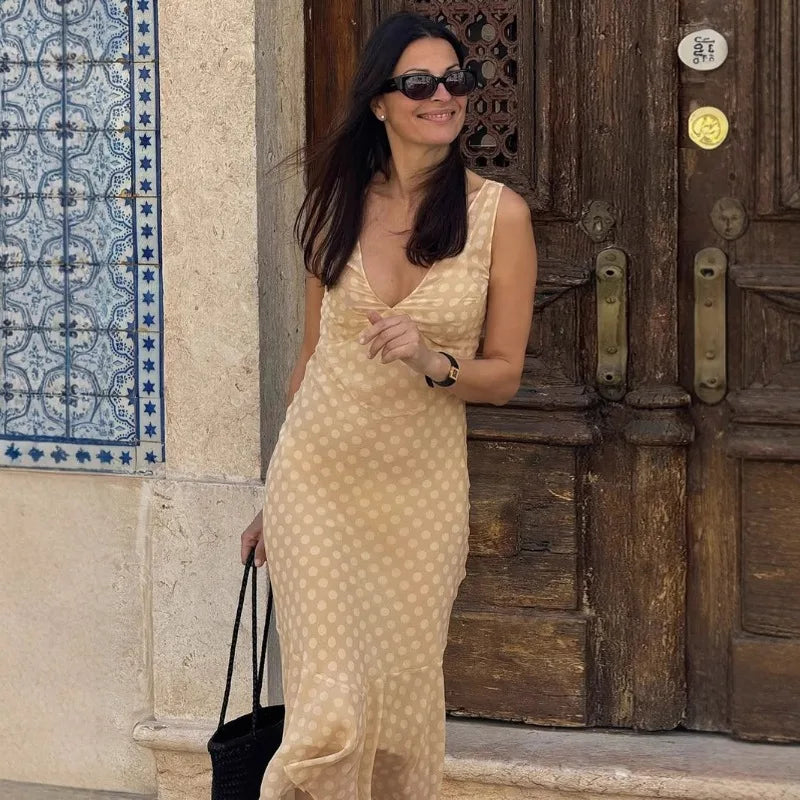 Beige Polka Dot Ruffle Midi Dress - V-Neck A-Line
