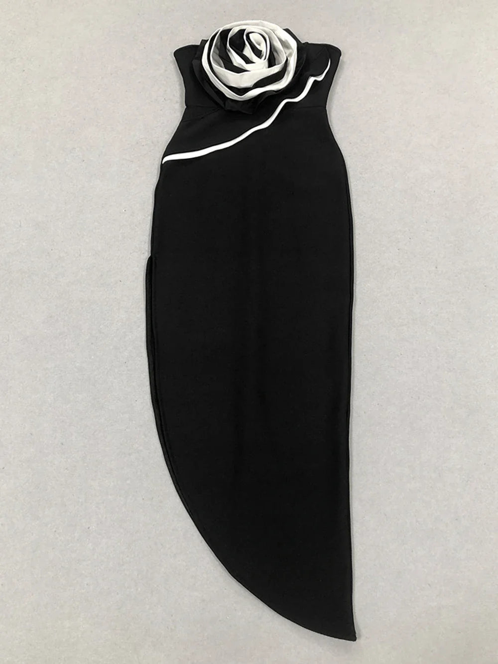 Black Asymmetric Maxi Dress with 3D Flower Detail