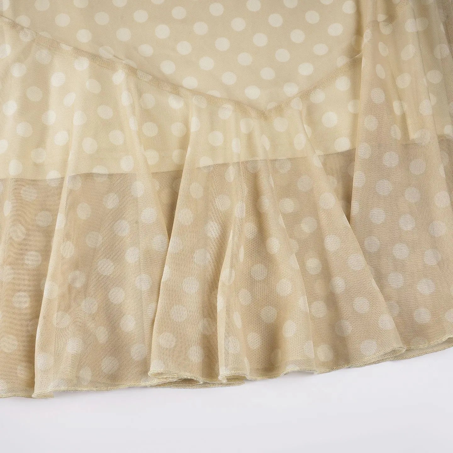 Beige Polka Dot Ruffle Midi Dress - V-Neck A-Line