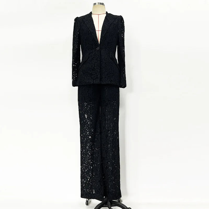 Black & White Lace Blazer Pantsuit Set