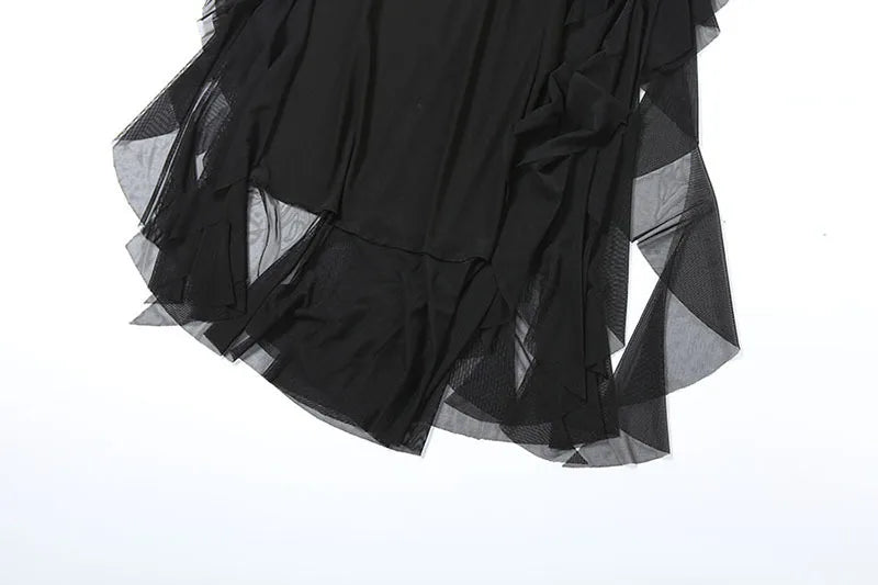 Black Deep Neck Open Back Ruffled Maxi Dress