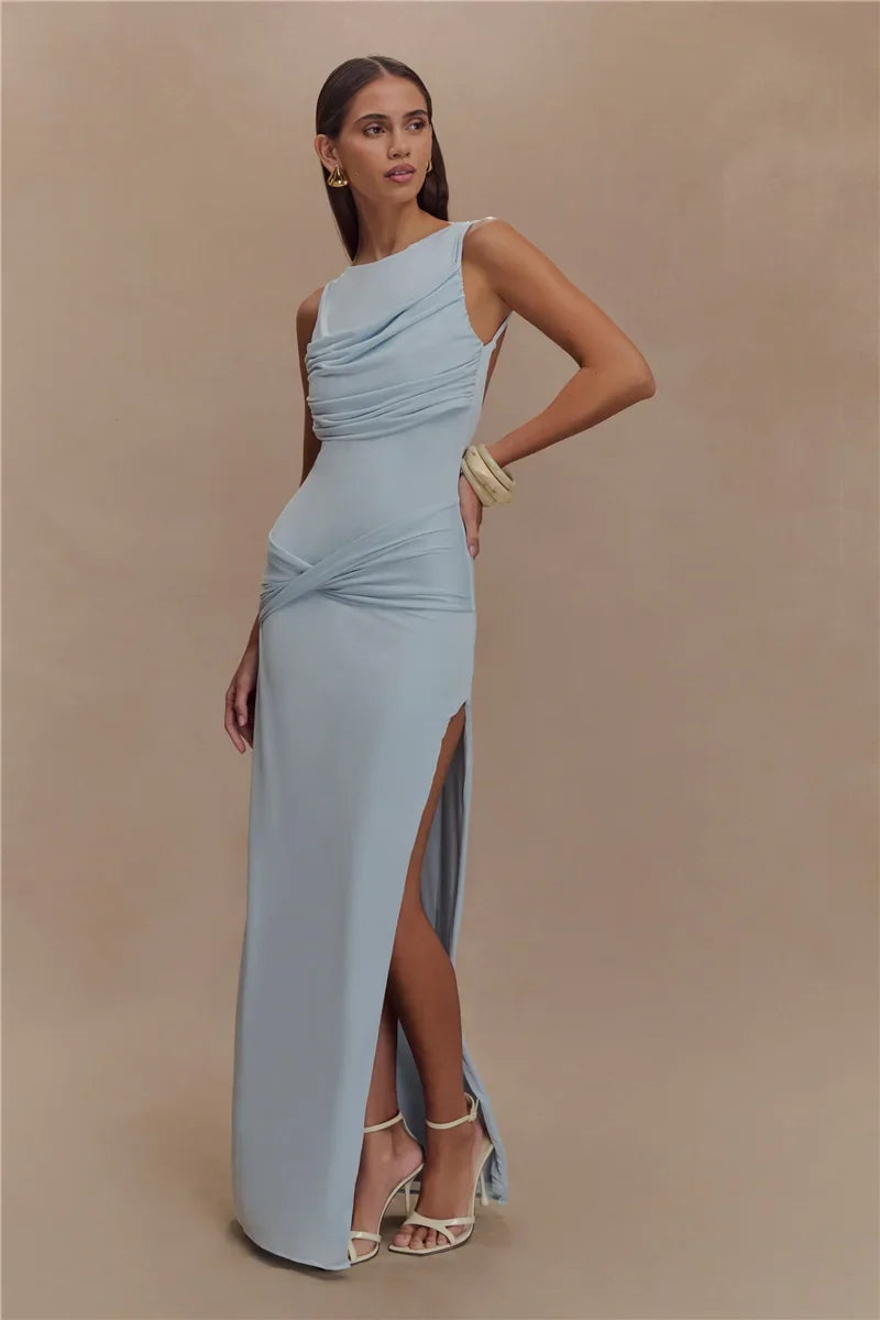 Backless Ruched O-Neck Thigh High Split Dress
