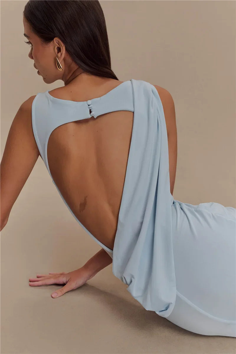 Backless Ruched O-Neck Thigh High Split Dress