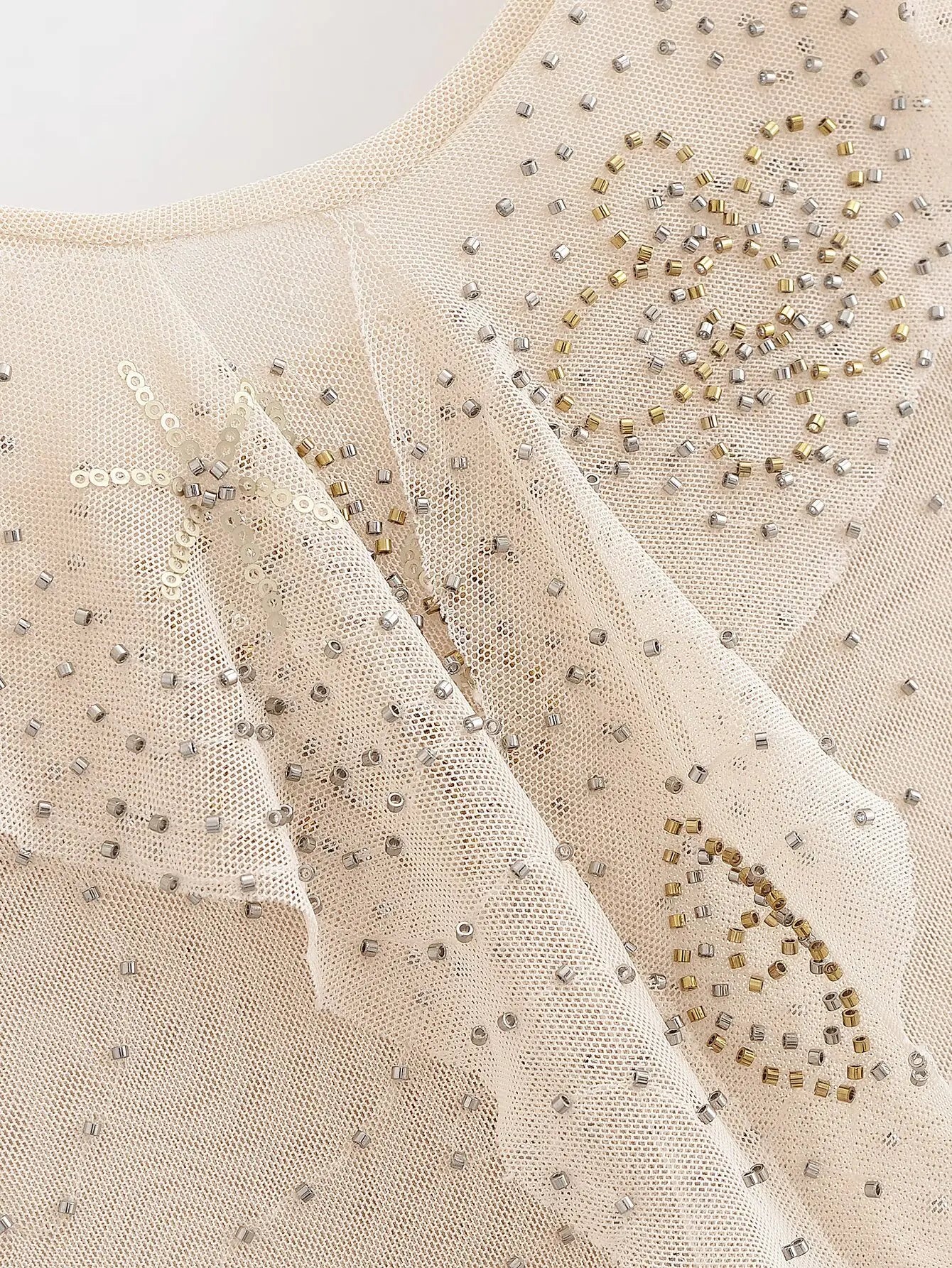 Beige Frilled Sequin Midi Dress