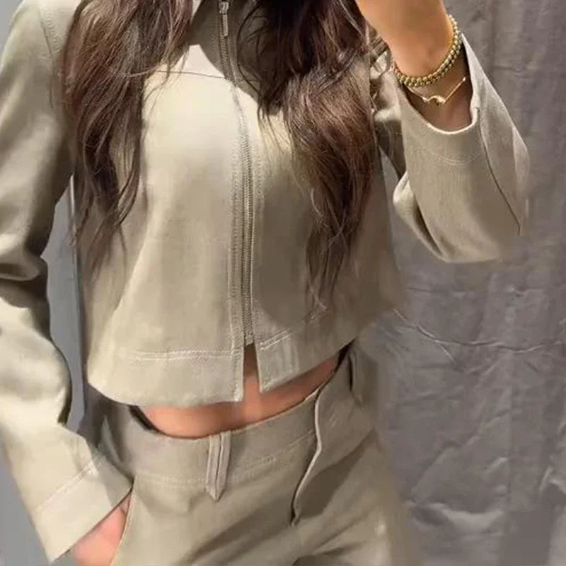 Beige Zipper Jacket & Pants Set - Casual Straight Fit