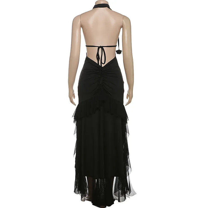 Black Deep Neck Open Back Ruffled Maxi Dress