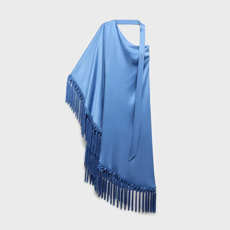 Elegant Asymmetrical Blue Satin Tassel Dress