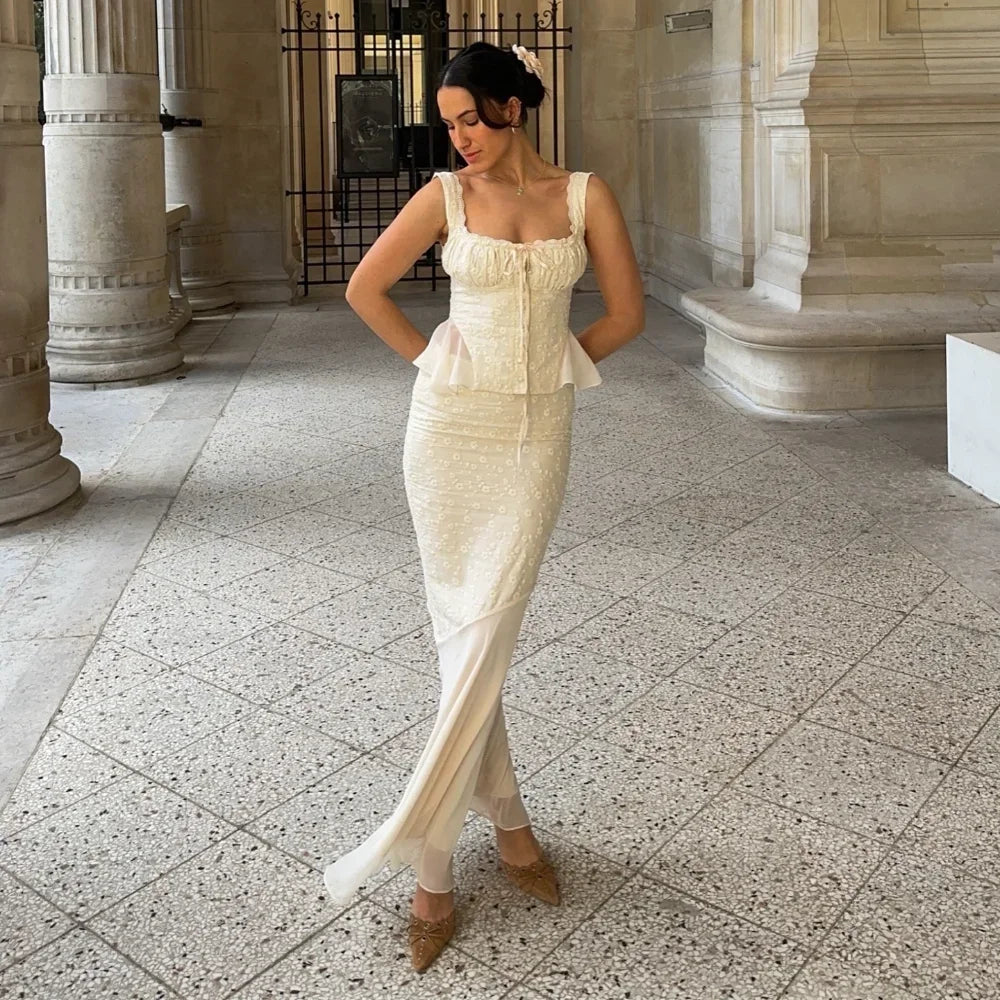 Beige Top and Long Mermaid Skirt Set - 2 Piece Dress