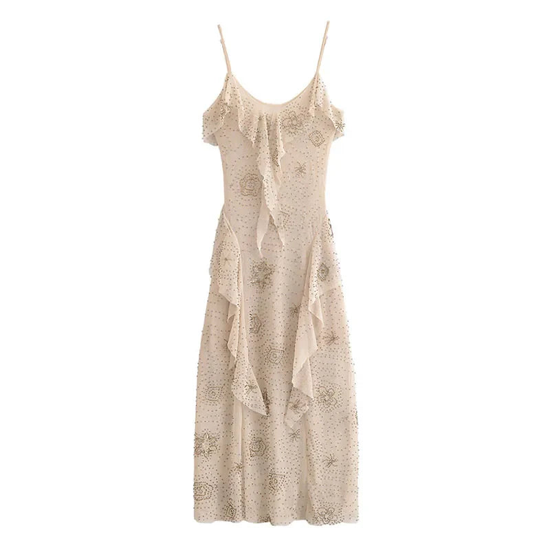 Beige Frilled Sequin Midi Dress