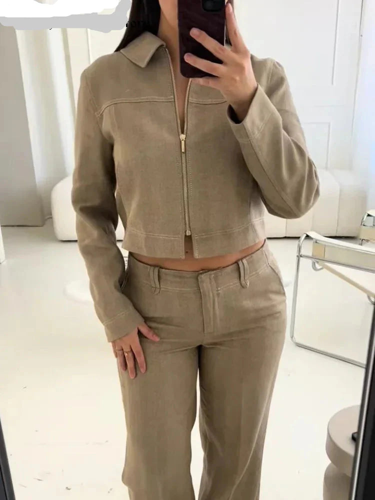 Beige Zipper Jacket & Pants Set - Casual Straight Fit