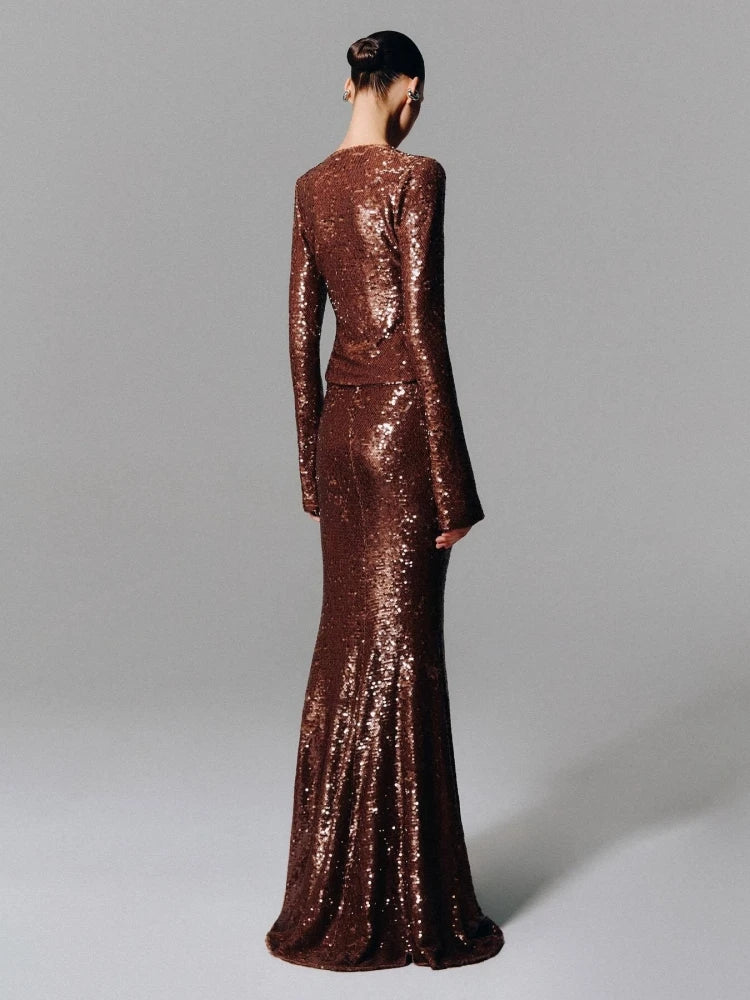 Beige Sequin V-Neck Sheath Gown with Lace Detail