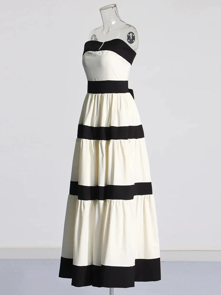 Black And White Stripe Flare Strapless Maxi Dress
