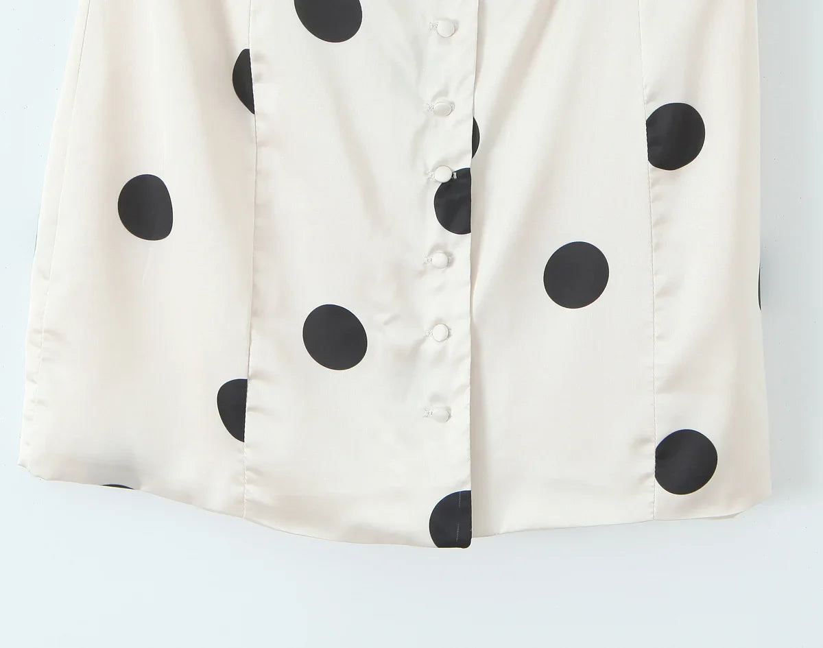 Beige Polka Dot Print Spliced Mesh Shoulder Mini Dress