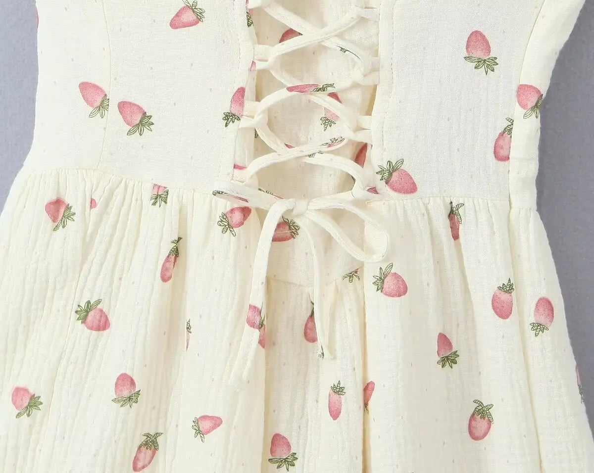 Beige Strawberry Strap Lace Up Mini Dress