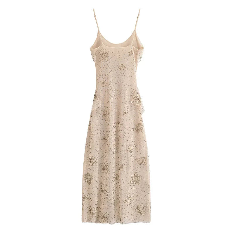 Beige Frilled Sequin Midi Dress