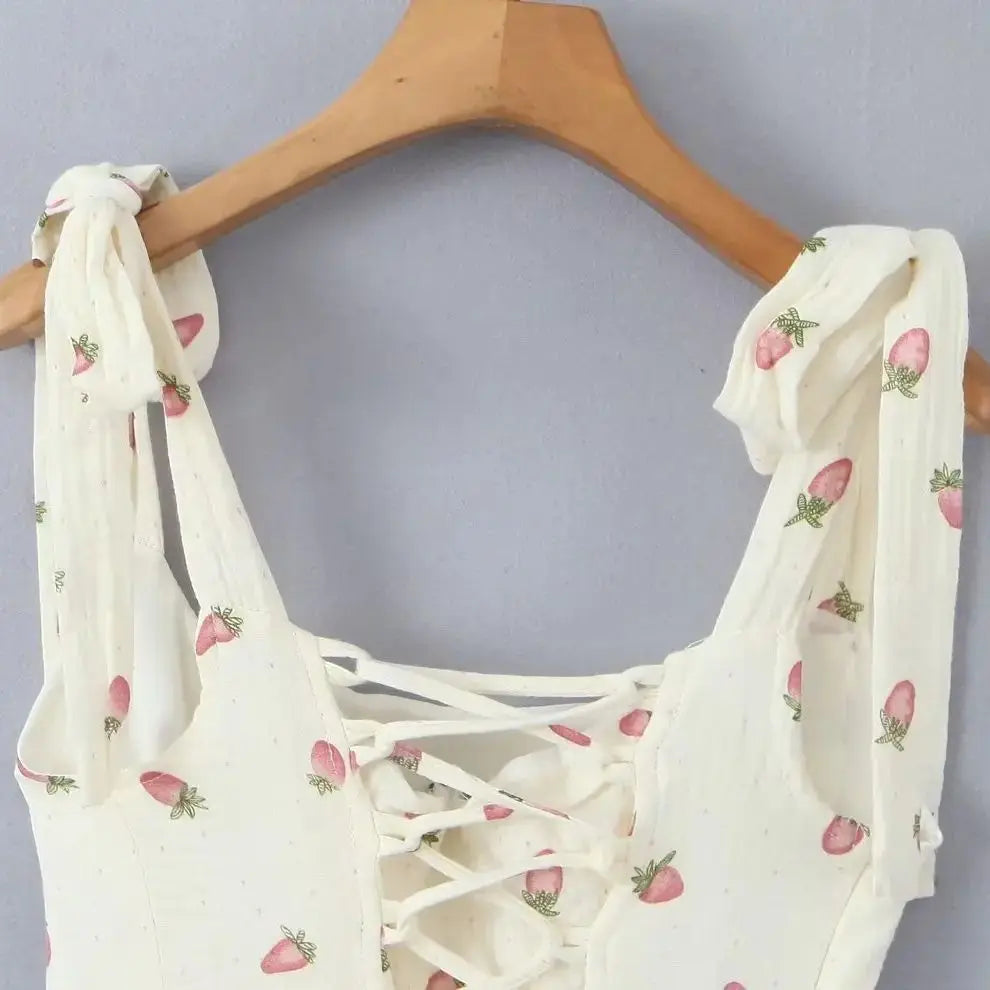 Beige Strawberry Strap Lace Up Mini Dress