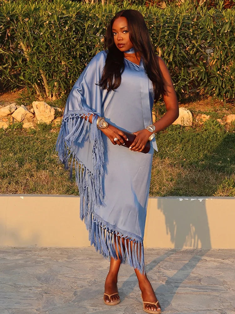 Elegant Asymmetrical Blue Satin Tassel Dress