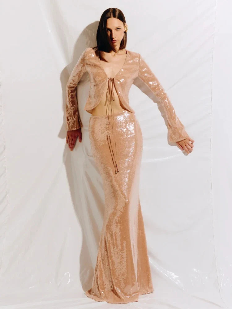 Beige Sequin V-Neck Sheath Gown with Lace Detail