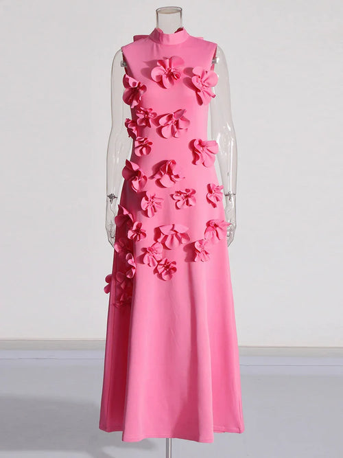 3D Flower Applique Mock Neck Midi Dress