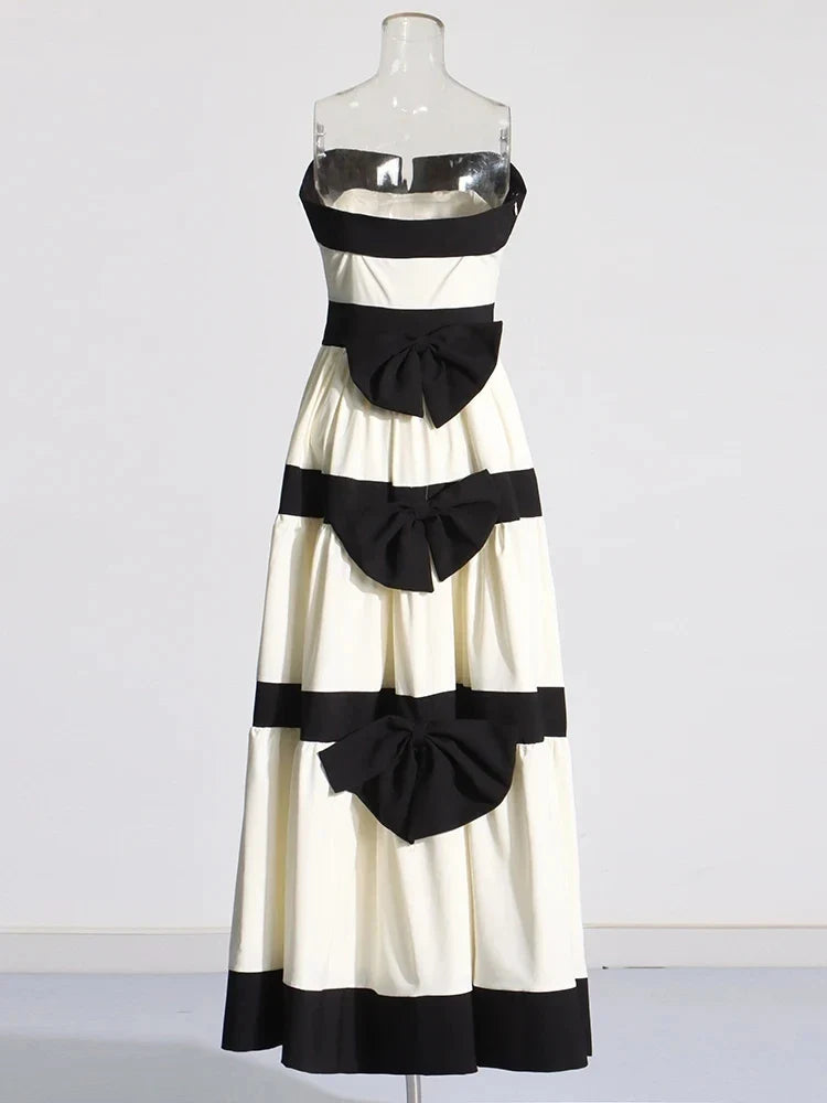 Black And White Stripe Flare Strapless Maxi Dress