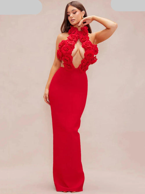 3D Floral Halter Bodycon Gown – Red, Black & Pink