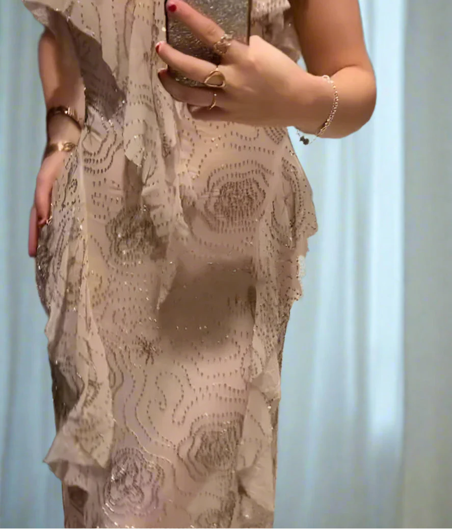 Beige Frilled Sequin Midi Dress