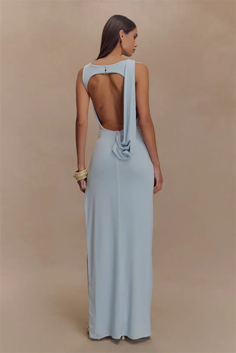 Backless Ruched O-Neck Thigh High Split Dress