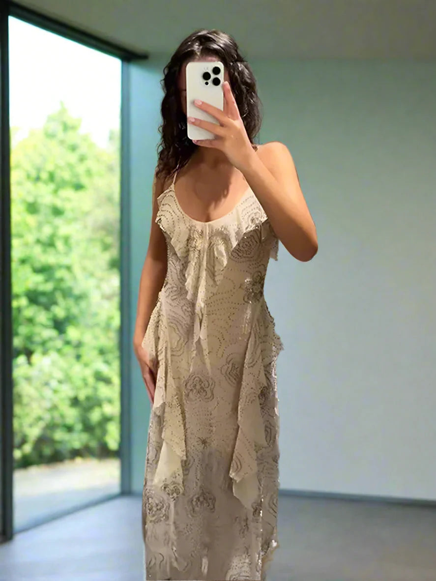 Beige Frilled Sequin Midi Dress