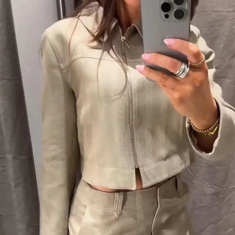 Beige Zipper Jacket & Pants Set - Casual Straight Fit