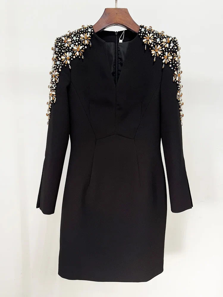 Black Beaded Long Sleeve V-Neck Mini Dress - High Street Style
