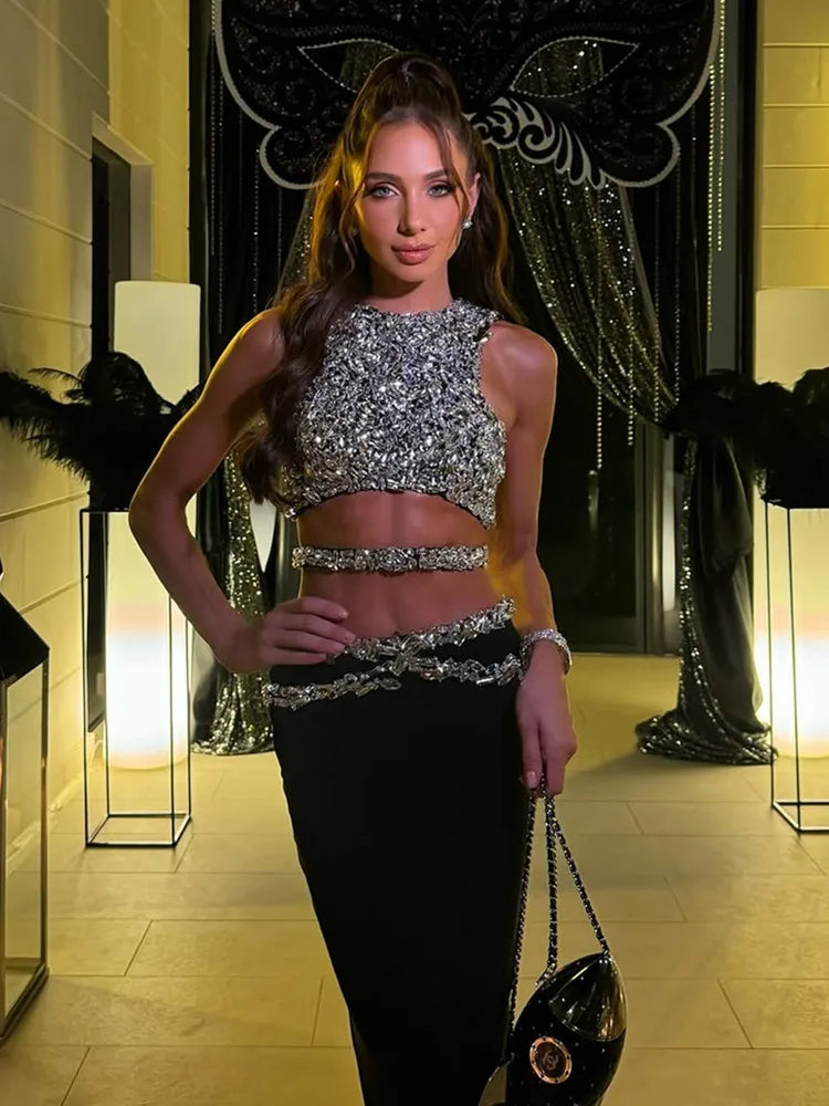 Black Beading Maxi Skirt Set - Strapless Tank Top